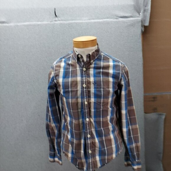 American Eagle Mens Outfitters Shirts Sz M Long Sleeve Prep Fit Blue Brown Plaid - Picture 1 of 6